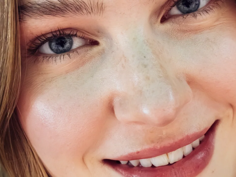 Close-up portrait of a smiling woman with blue eyes